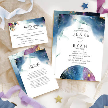 Celestial wedding invitation suite and celestial menu